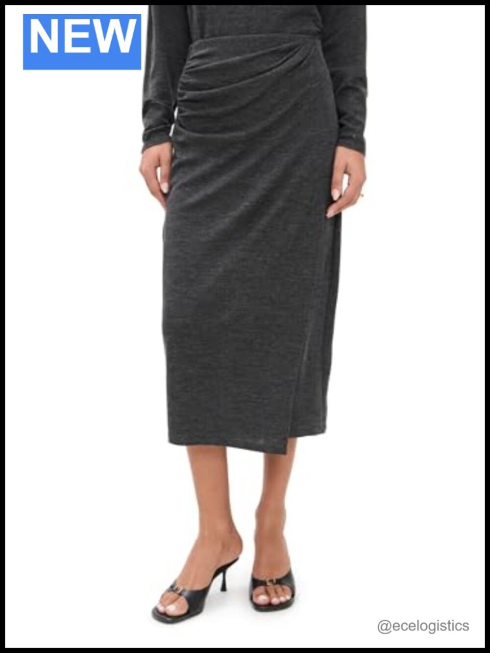 Wool Blend Draped Midi Skirt Slit Pull On Casual Workwear